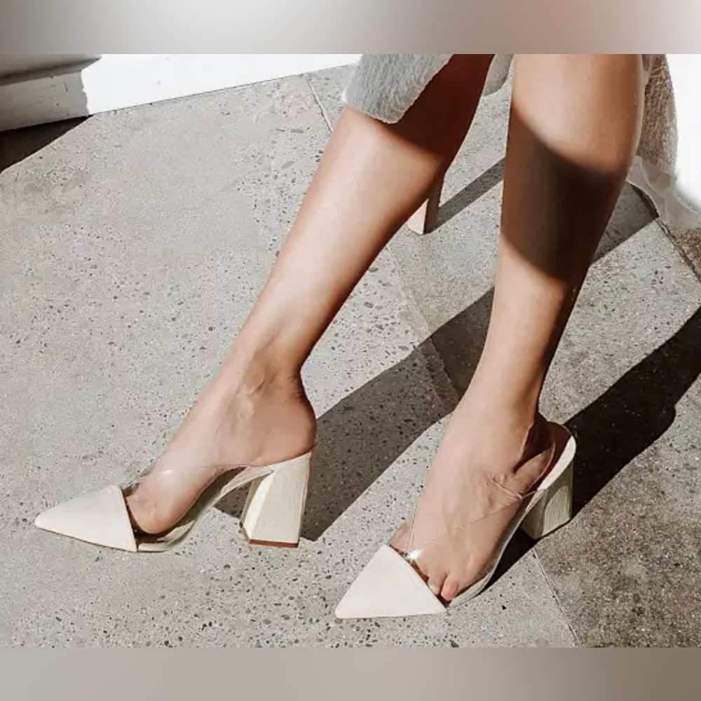 NWOT: Lulu's Cream and Clear Block Heel Mules